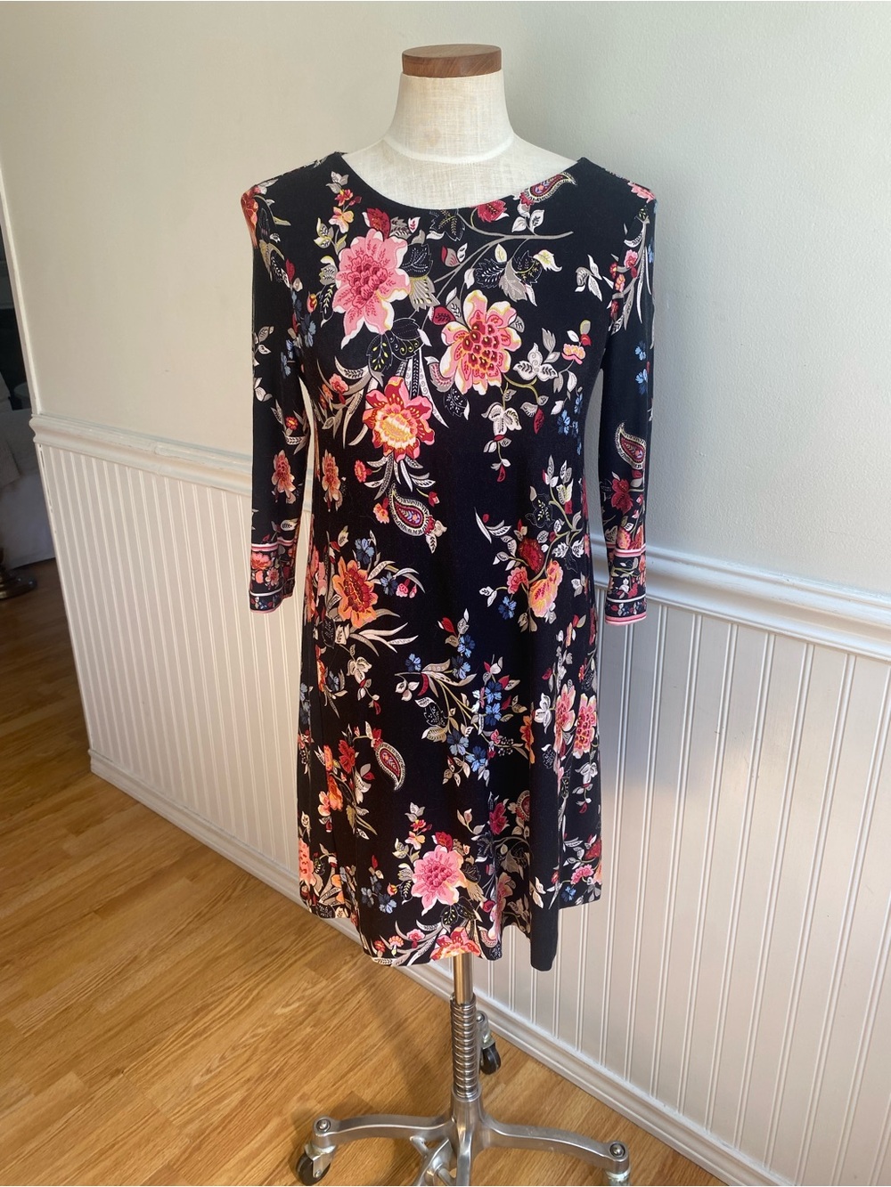 LOFT Black Floral Long-Sleeve A-Line Dress